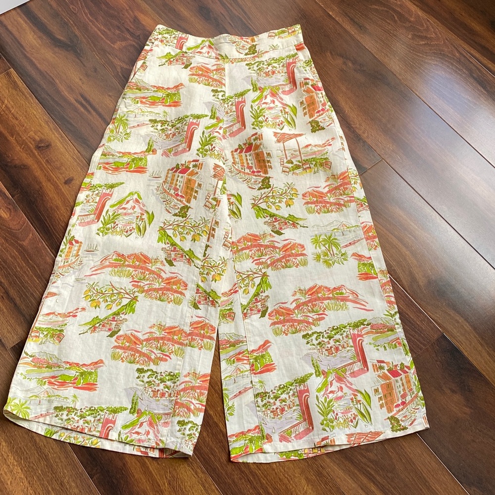 Cynthia Rowley Wide-Leg Pants in Cream with Coral & Lime Print